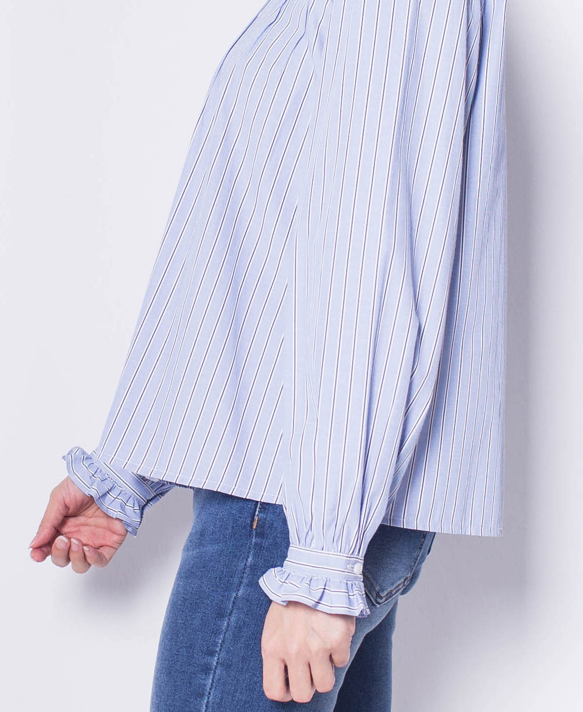 Women Striped Frill Neck Long-Sleeve Blouse - Blue - H0W745