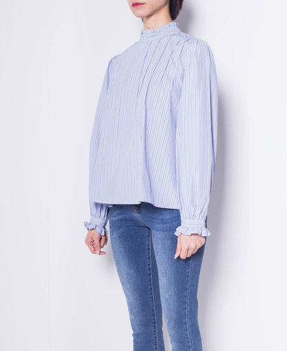 Women Striped Frill Neck Long-Sleeve Blouse - Blue - H0W745