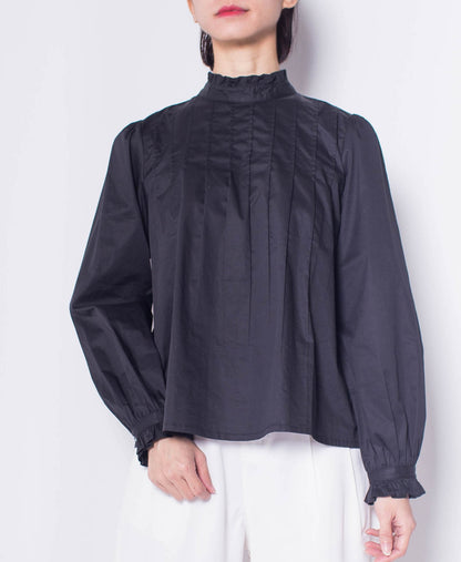 Women Striped Frill Neck Long-Sleeve Blouse - Black - H0W746