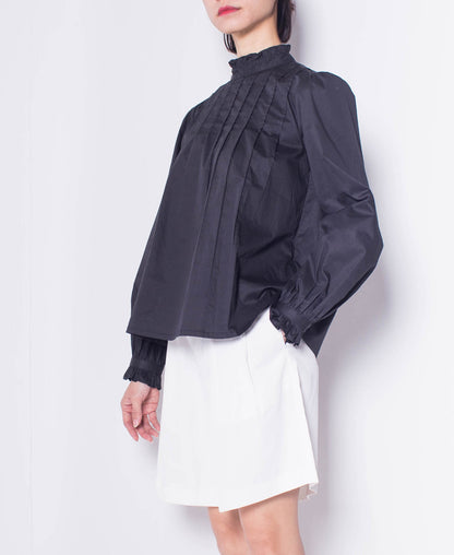 Women Striped Frill Neck Long-Sleeve Blouse - Black - H0W746