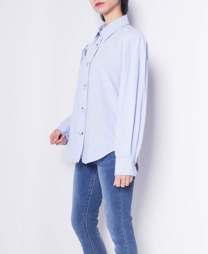 Women Pleated Long-Sleeve Shirt - Blue - H0W749