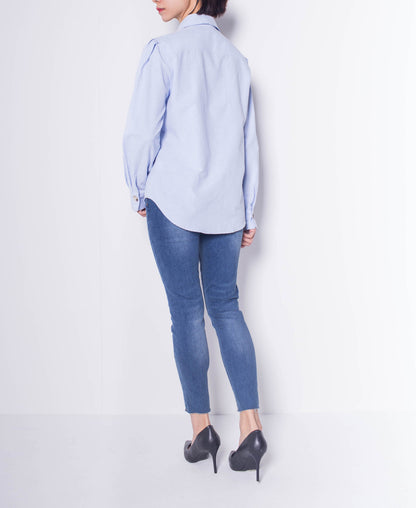 Women Pleated Long-Sleeve Shirt - Blue - H0W749