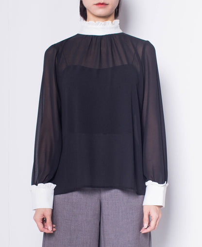 Women Frills Neck Long-Sleeve Blouse - Black - H0W751