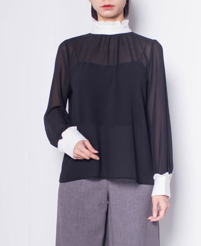 Women Frills Neck Long-Sleeve Blouse - Black - H0W751