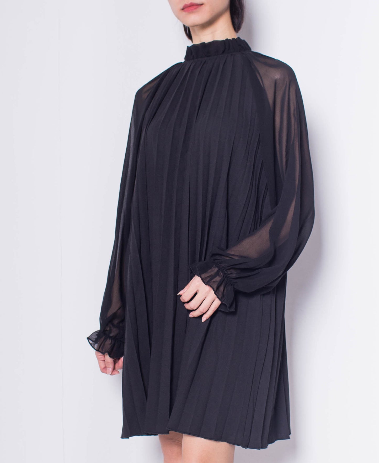 Women Long Sleeve Pleated Dress - Black - H0W753