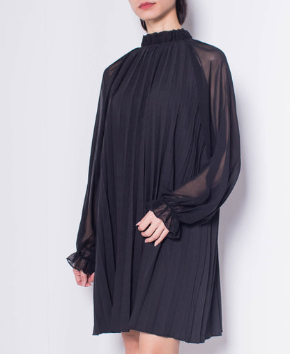 Women Long Sleeve Pleated Dress - Black - H0W753