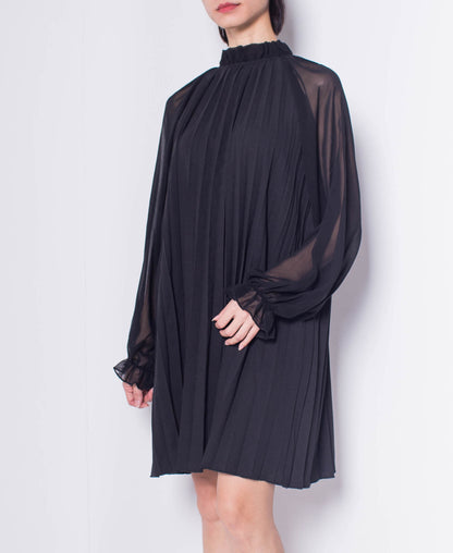 Women Long Sleeve Pleated Dress - Black - H0W753