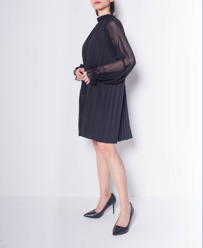 Women Long Sleeve Pleated Dress - Black - H0W753