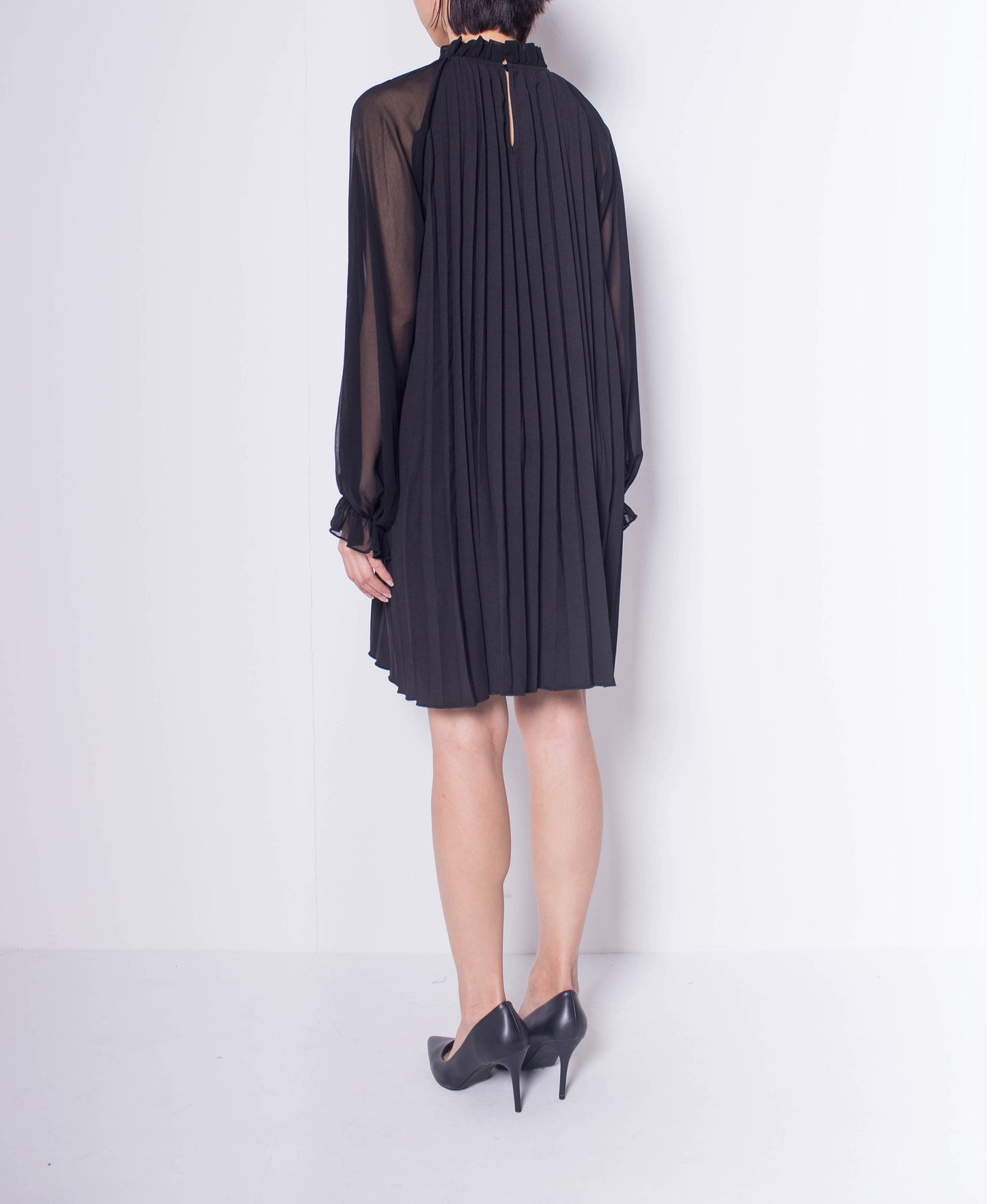 Women Long Sleeve Pleated Dress - Black - H0W753