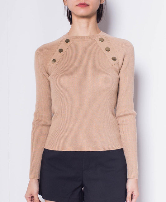 Women Golden Buttons Long-Sleeve Knit Top - Khaki - H0W763