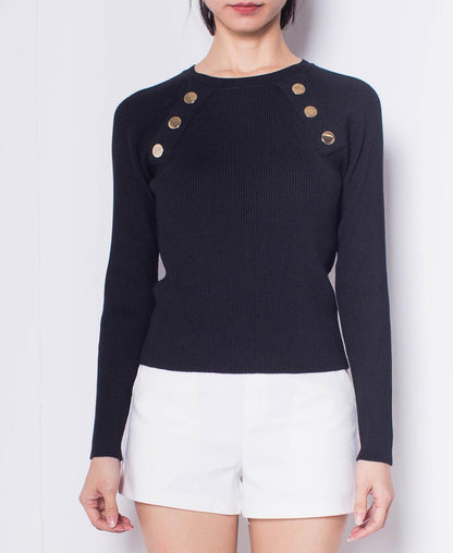 Women Golden Buttons Long-Sleeve Knit Top - Black - H0W764