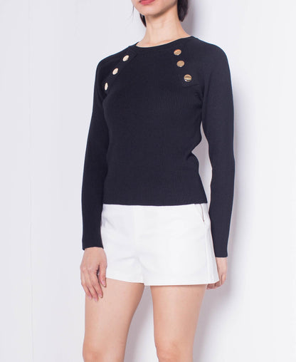 Women Golden Buttons Long-Sleeve Knit Top - Black - H0W764