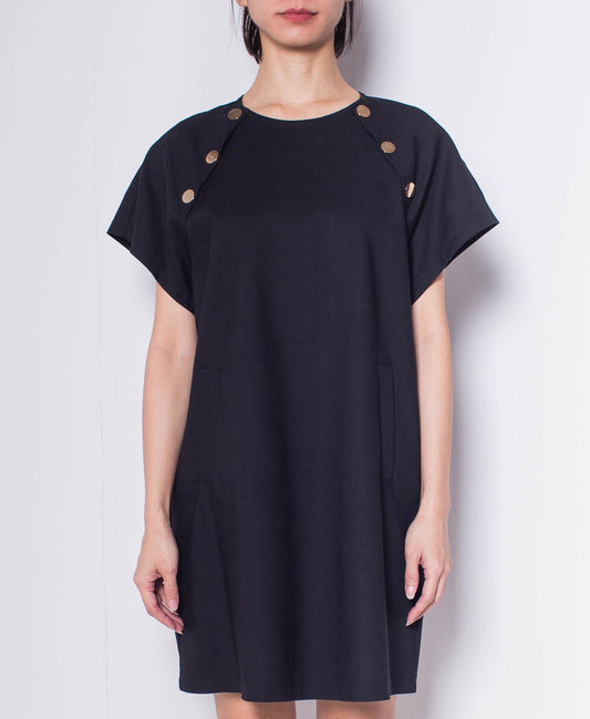 Women Raglan Sleeve Keyhole Back Dress - Black - H0W766