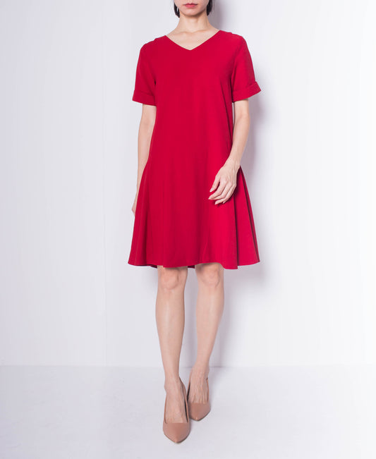 Women Short Sleeve Flare Dress - Maroon - H0W802