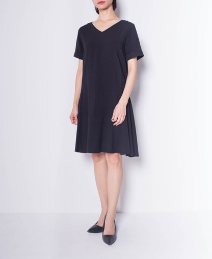 Women Short Sleeve Flare Dress - Black - H0W803