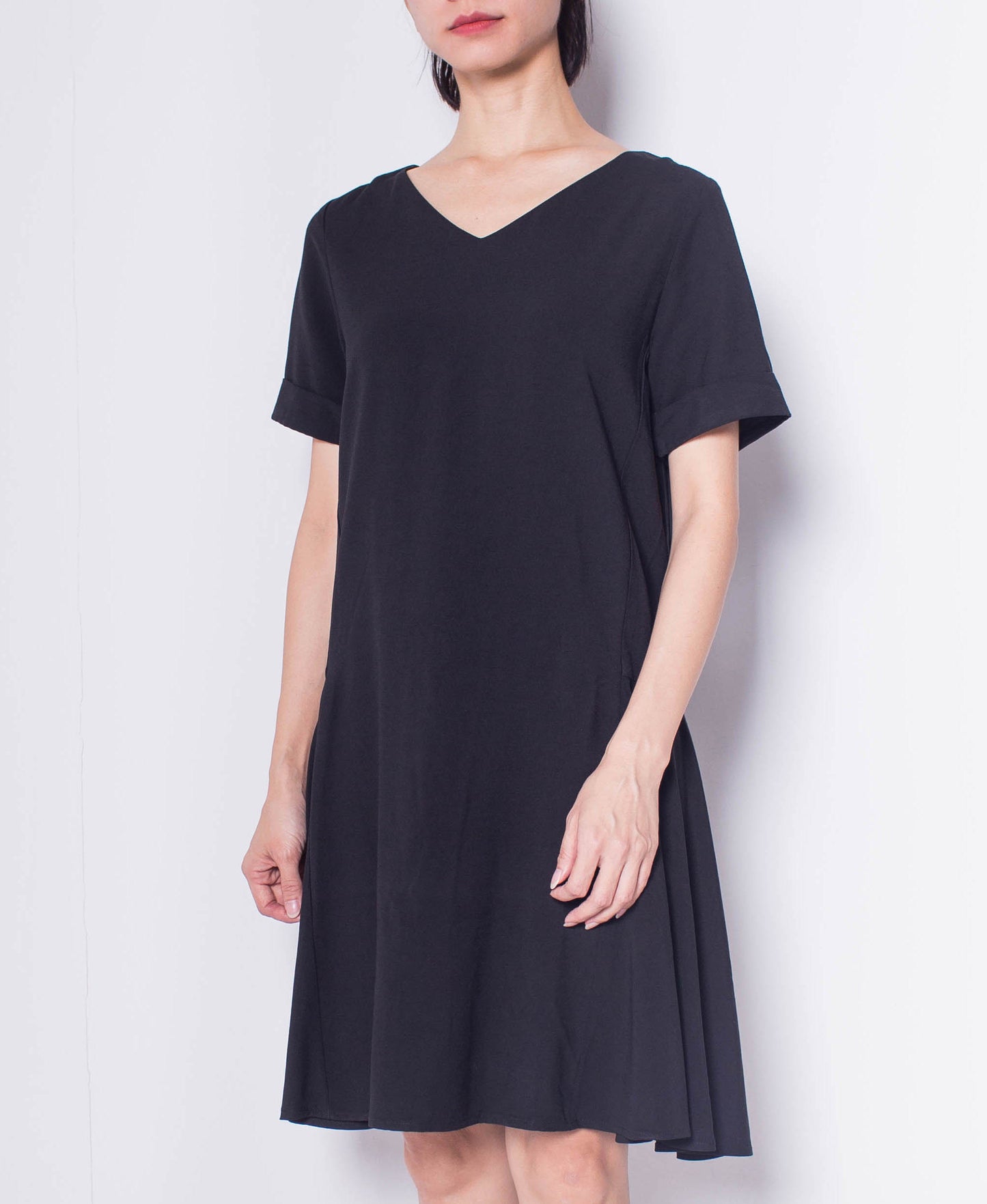 Women Short Sleeve Flare Dress - Black - H0W803