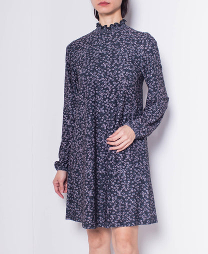 Women Frilled Neck Bishop Sleeve Dress - Black - H0W804