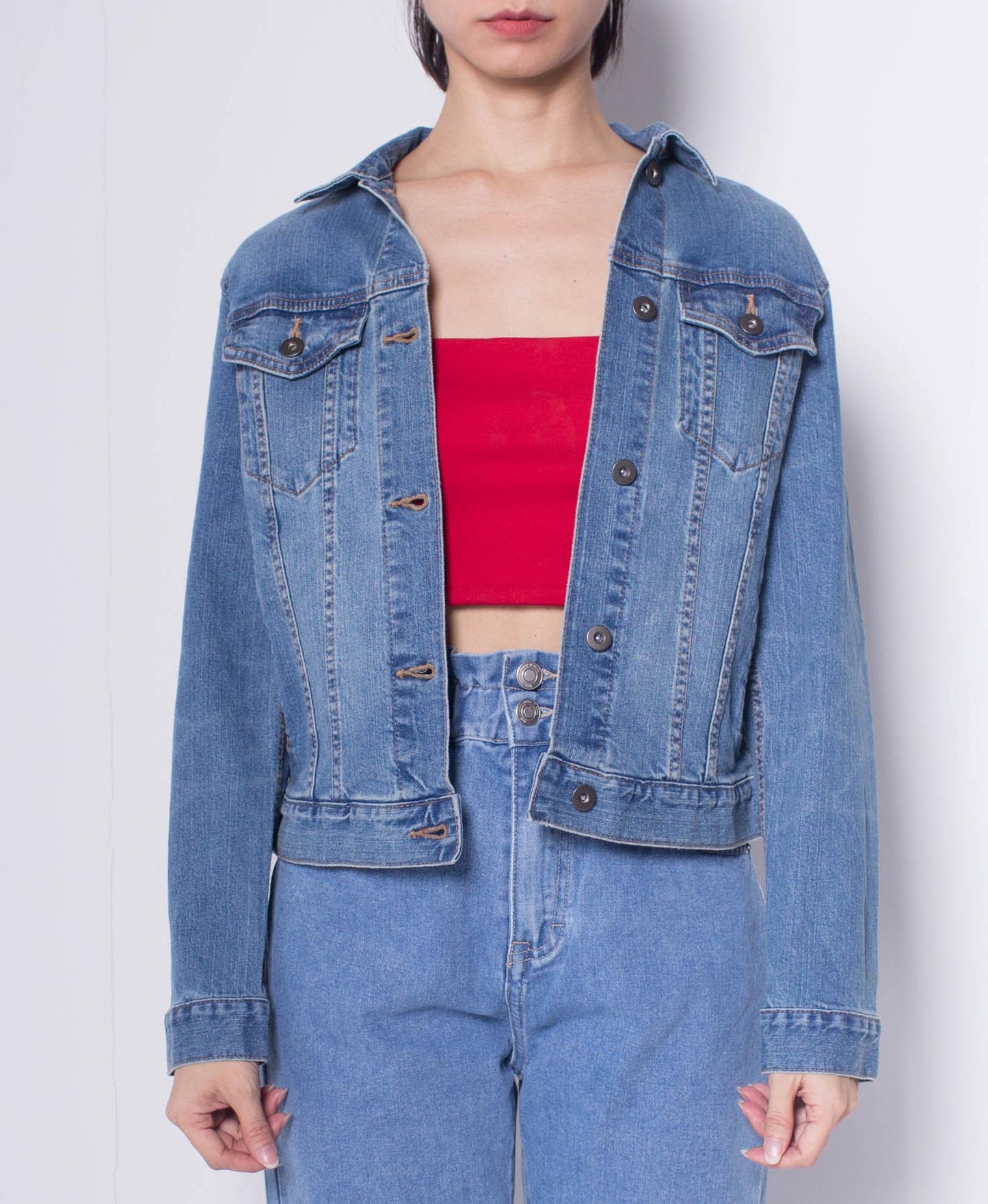 Women Denim Jacket With Vintage Washing - Blue - H0W838