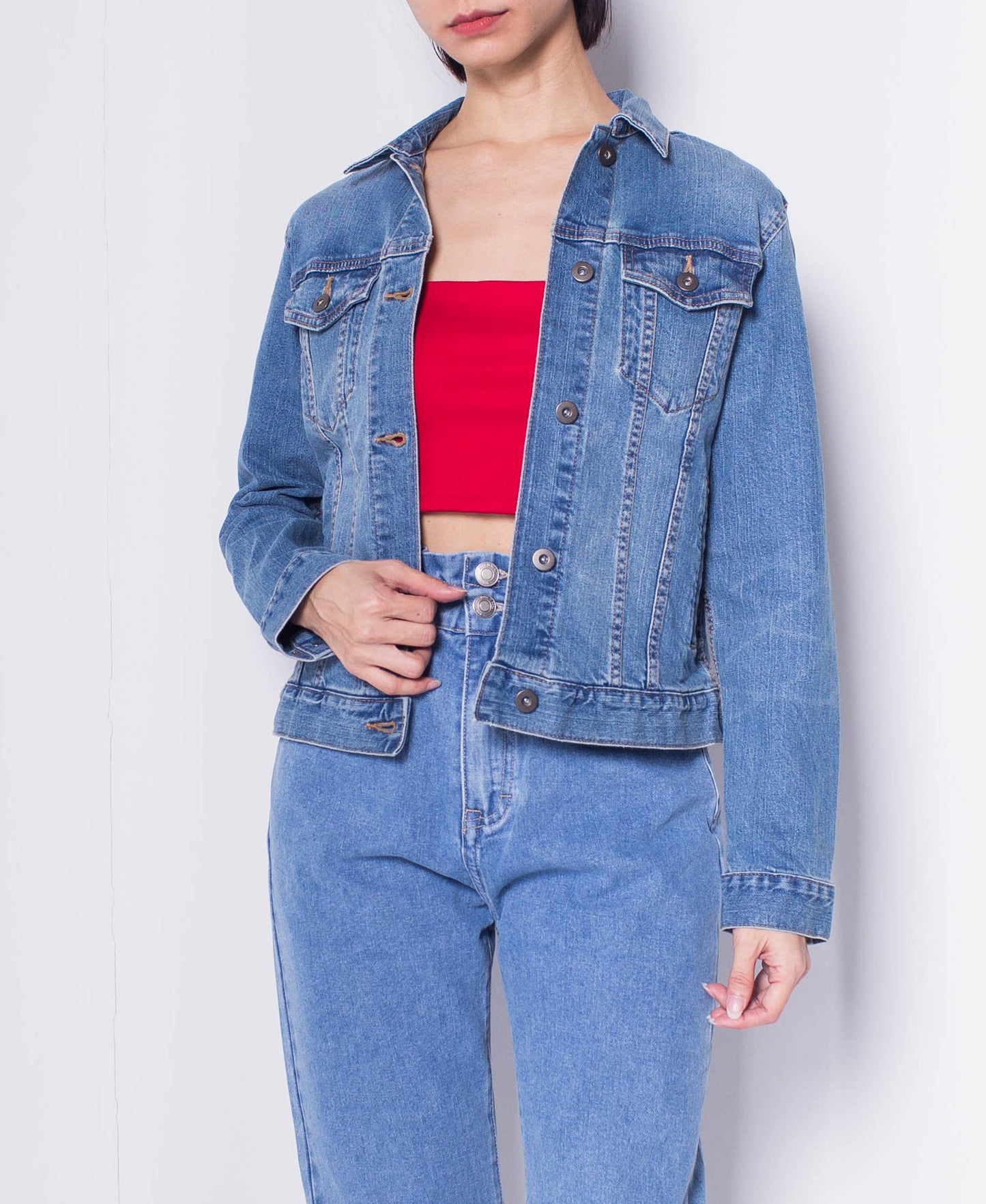 Women Denim Jacket With Vintage Washing - Blue - H0W838