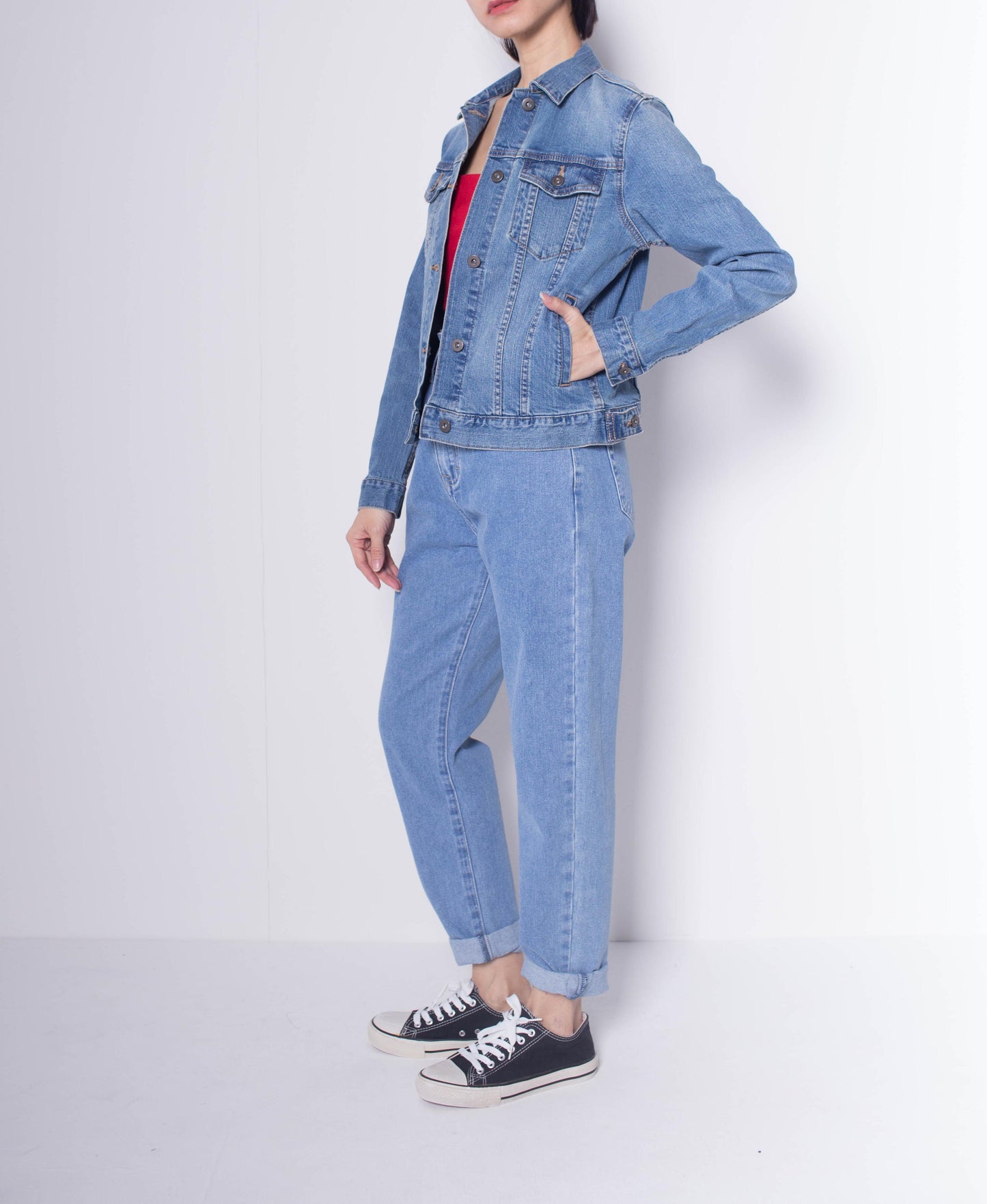 Women Denim Jacket With Vintage Washing - Blue - H0W838