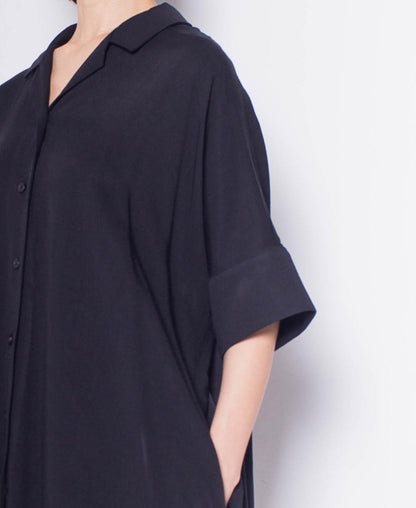 Women Short-Sleeve Loose Cut Dress - Black - H0W916