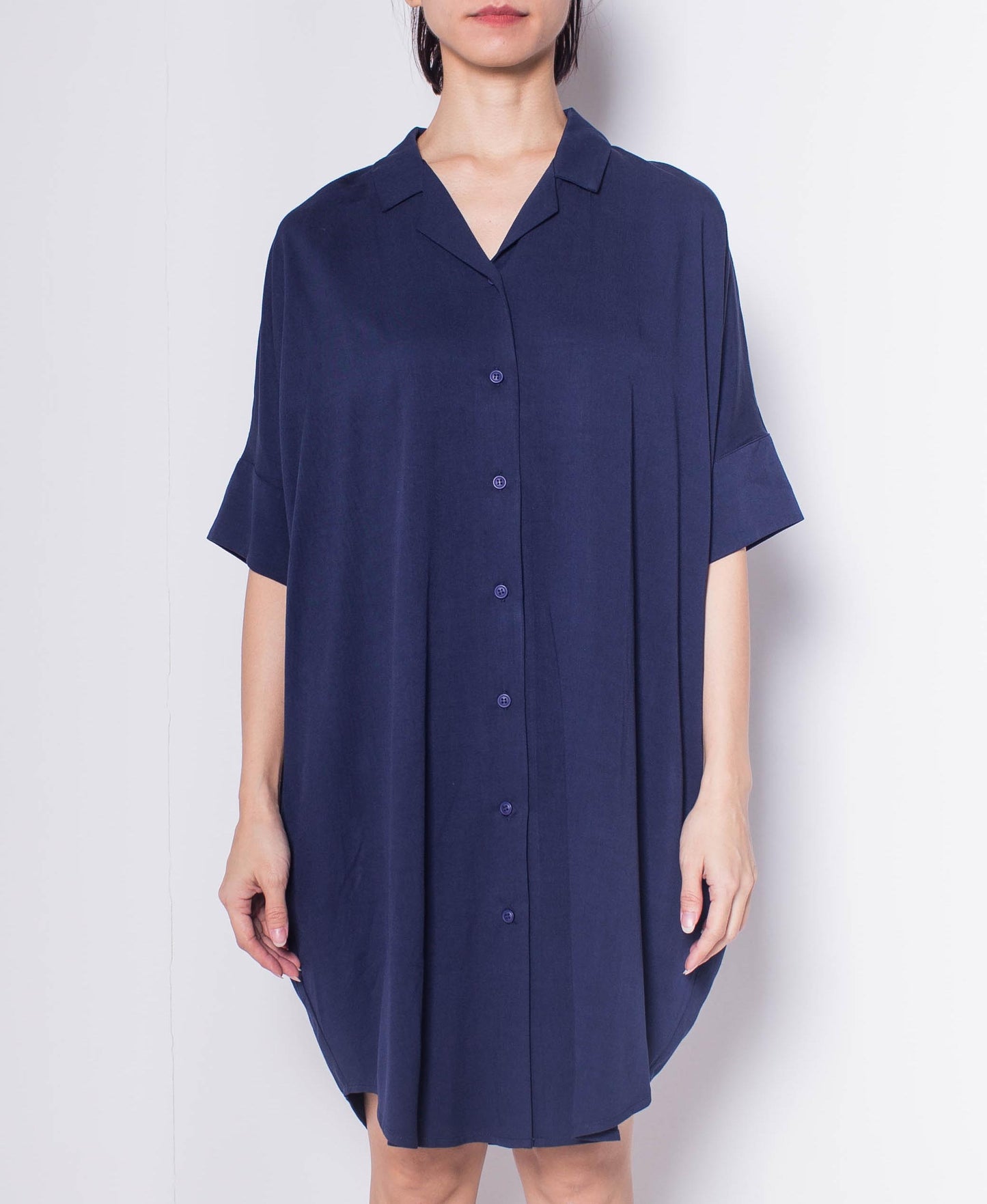 Women Short-Sleeve Loose Cut Dress - Navy - H0W917