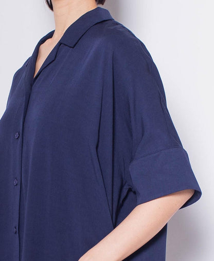 Women Short-Sleeve Loose Cut Dress - Navy - H0W917