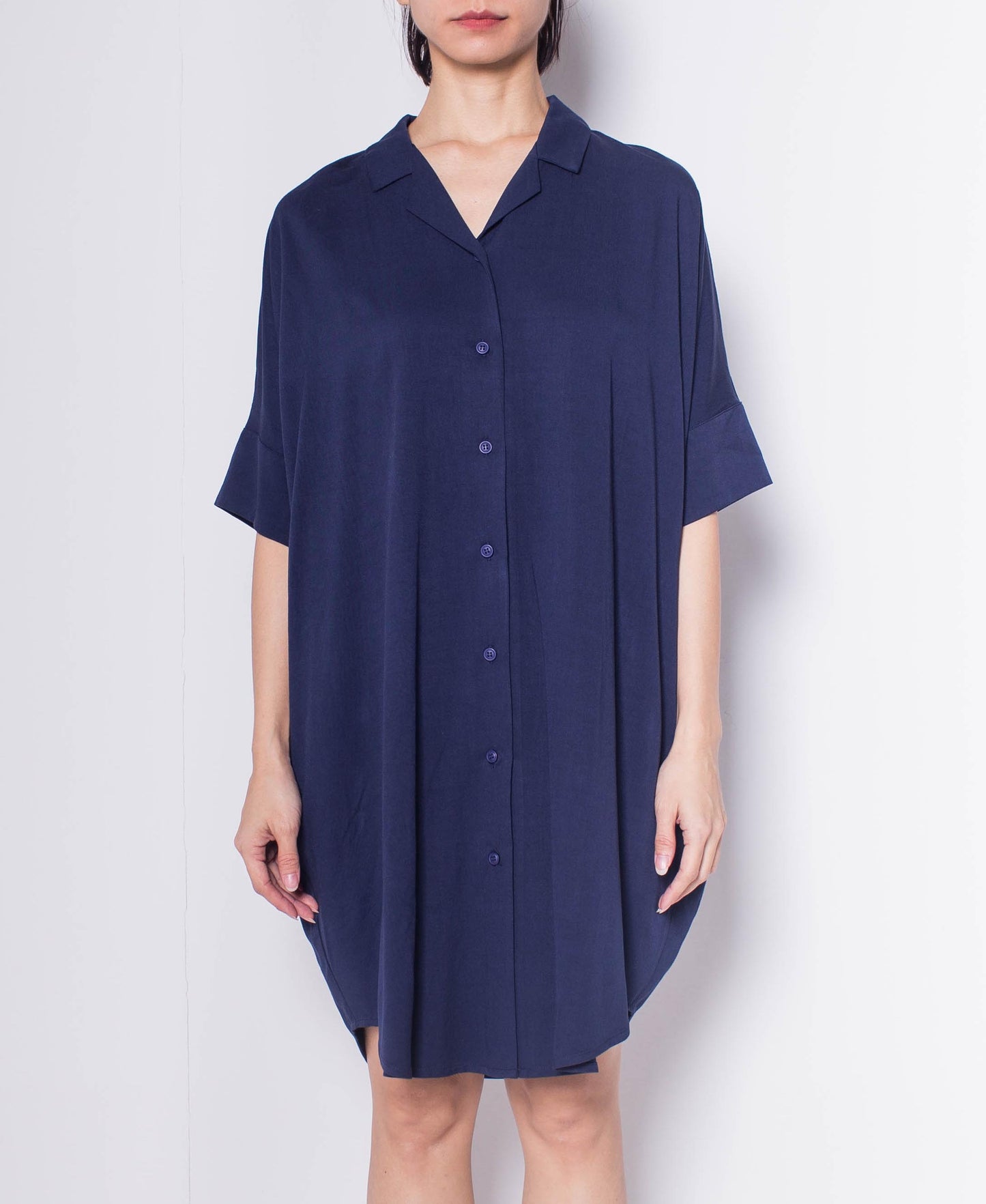 Women Short-Sleeve Loose Cut Dress - Navy - H0W917