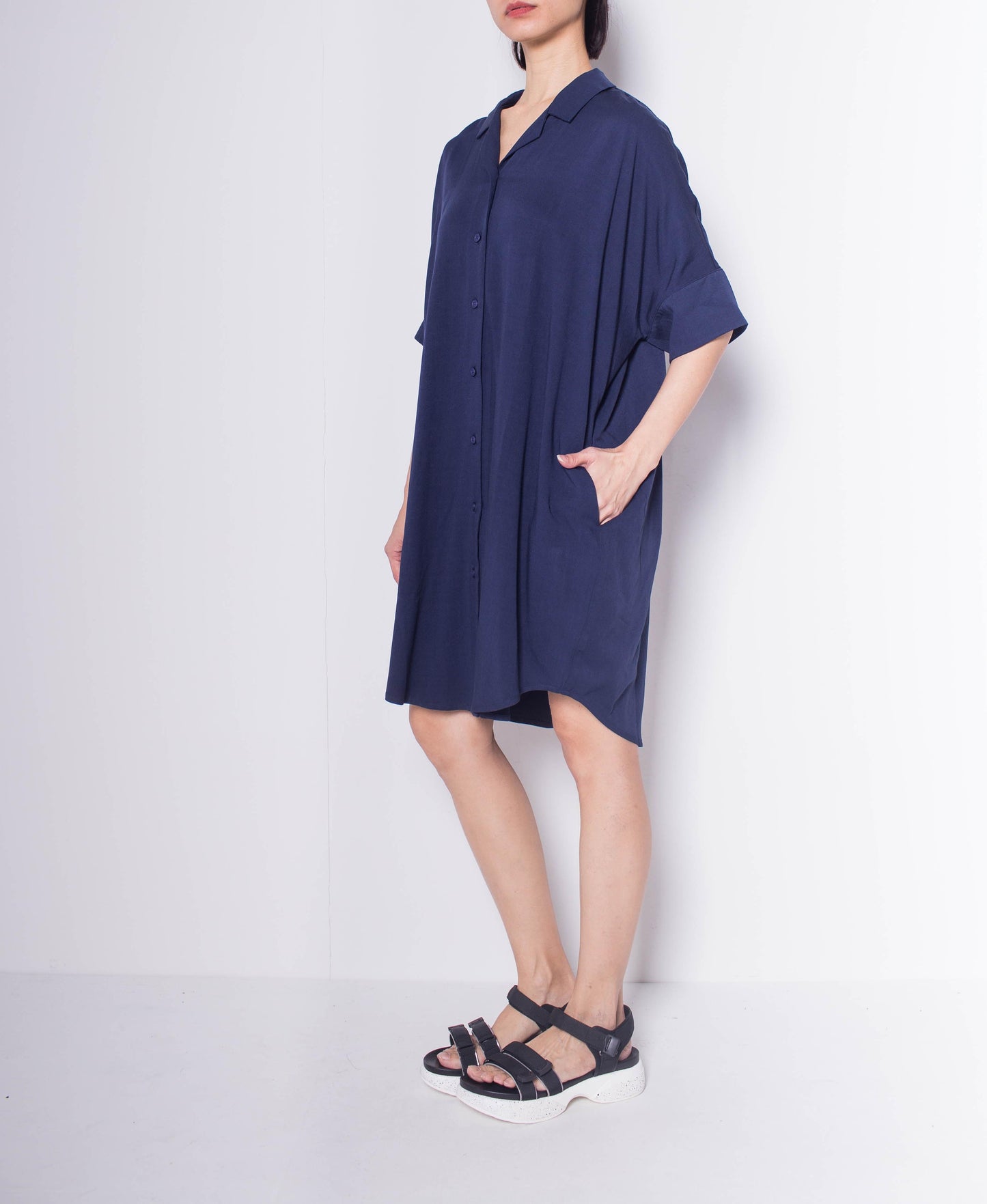 Women Short-Sleeve Loose Cut Dress - Navy - H0W917