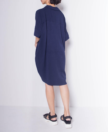 Women Short-Sleeve Loose Cut Dress - Navy - H0W917