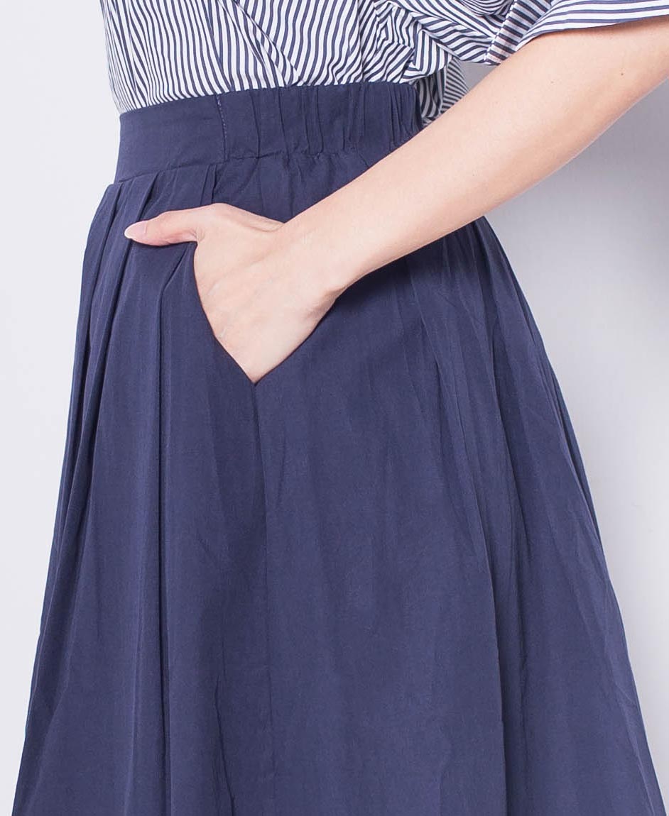 Women Pleated Flare Midi Skirt - Navy - H0W926