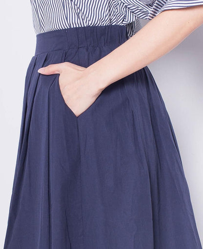 Women Pleated Flare Midi Skirt - Navy - H0W926