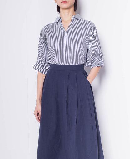 Women Pleated Flare Midi Skirt - Navy - H0W926