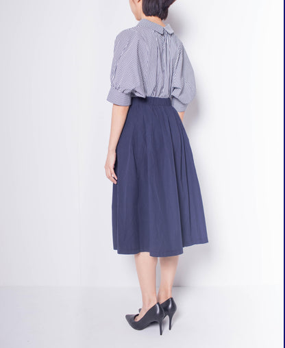 Women Pleated Flare Midi Skirt - Navy - H0W926