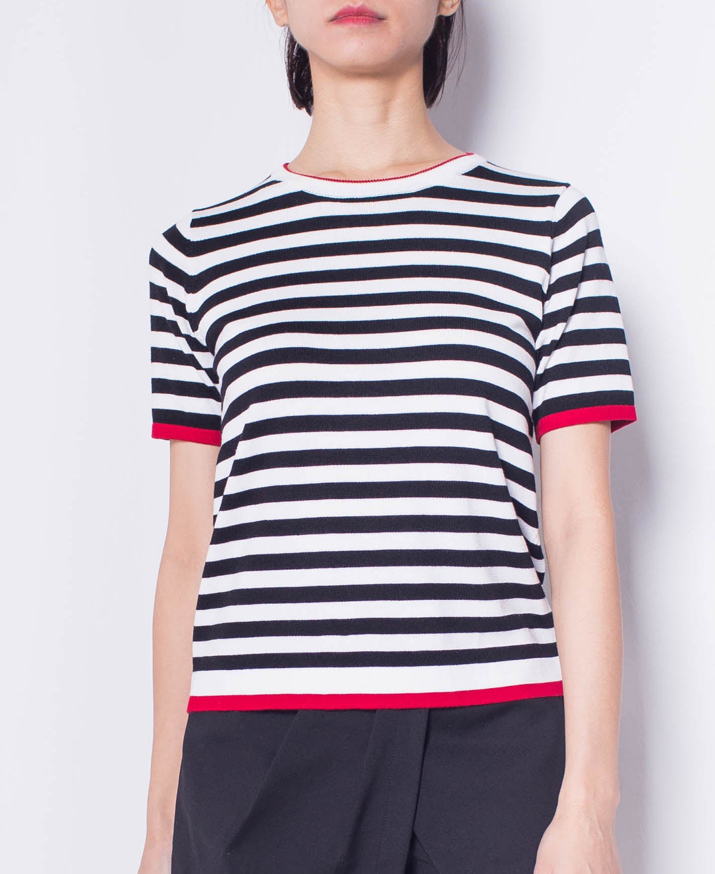 Women Striped Short Sleeve Knit Top - Black - H0W928