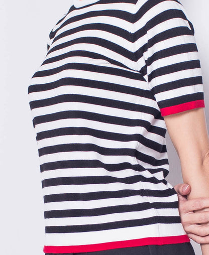 Women Striped Short Sleeve Knit Top - Black - H0W928