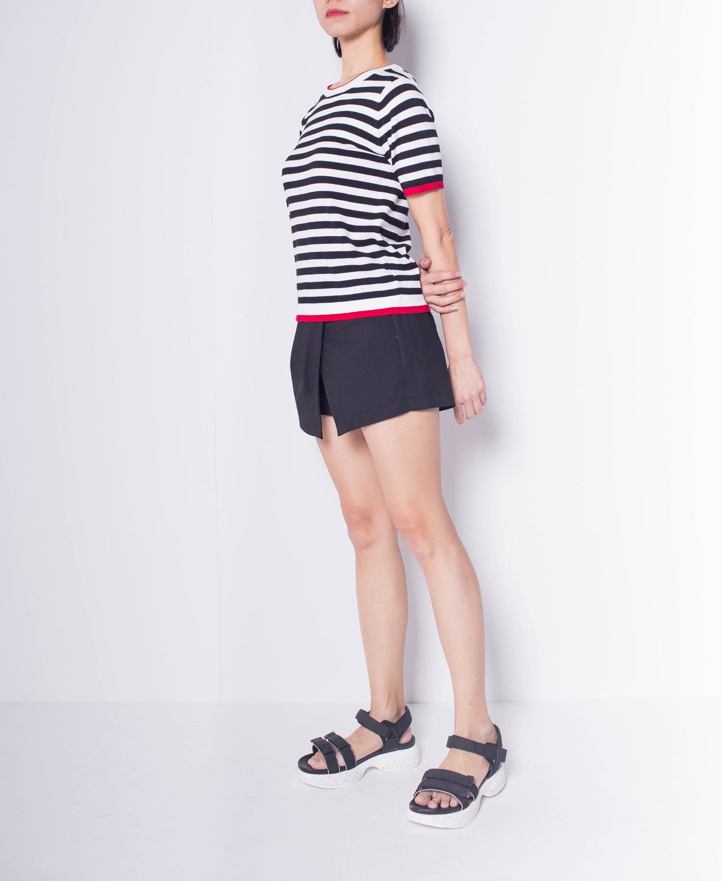 Women Striped Short Sleeve Knit Top - Black - H0W928