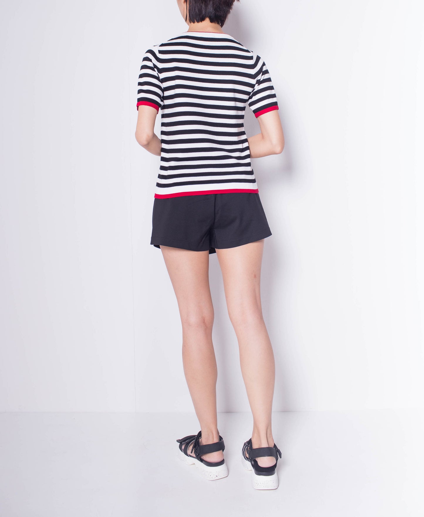 Women Striped Short Sleeve Knit Top - Black - H0W928