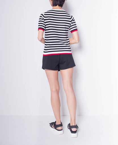 Women Striped Short Sleeve Knit Top - Black - H0W928