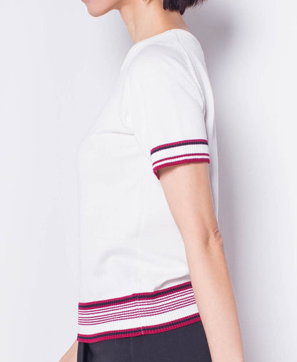 Women Striped Short Sleeve Knit Top - White - H0W929