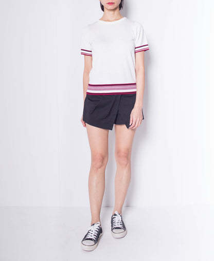 Women Striped Short Sleeve Knit Top - White - H0W929