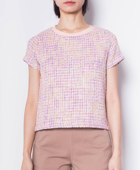 Women Tweed Short-Sleeve Blouse - Pink - H0W942