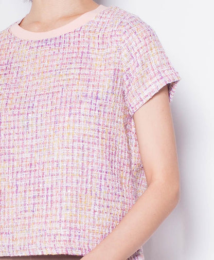 Women Tweed Short-Sleeve Blouse - Pink - H0W942