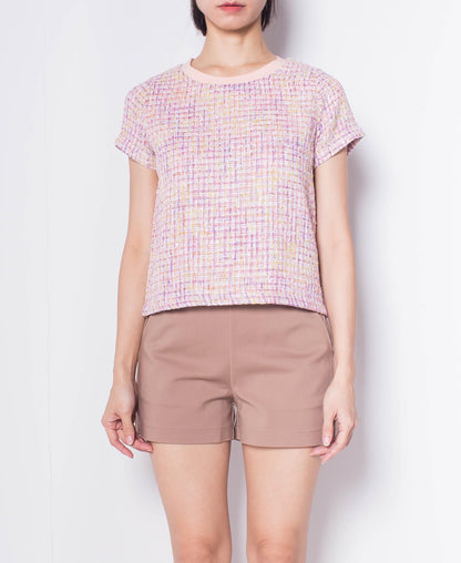 Women Tweed Short-Sleeve Blouse - Pink - H0W942