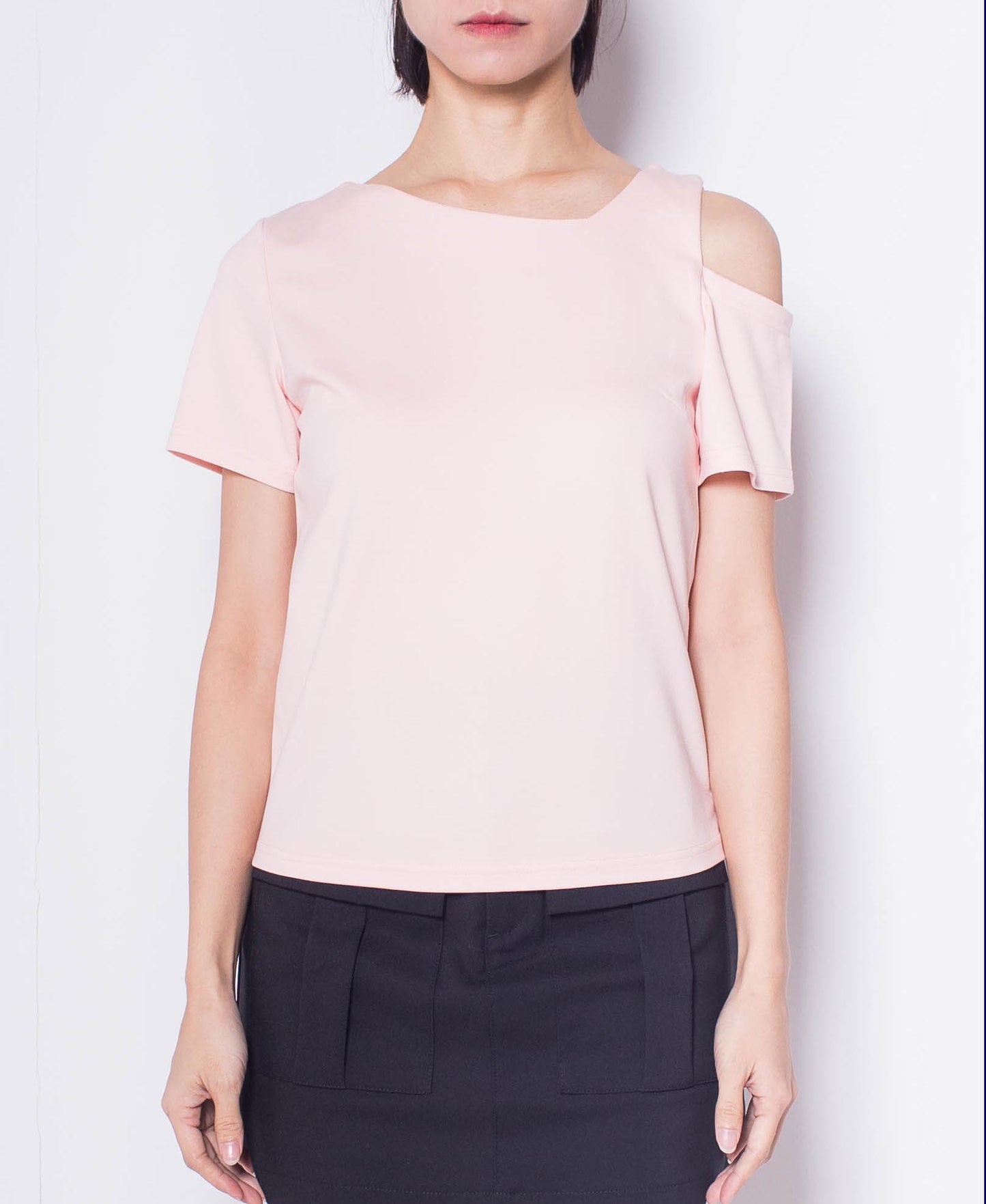 Women Asymmetrical Neck Cut Out Shoulder Top - Pink - H0W945