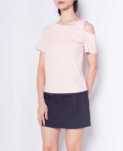 Women Asymmetrical Neck Cut Out Shoulder Top - Pink - H0W945