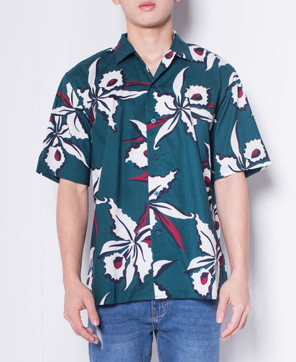 Men Short-Sleeve Camp Collar Printed Cotton-Voile Shirt - Dark Green - H0M751