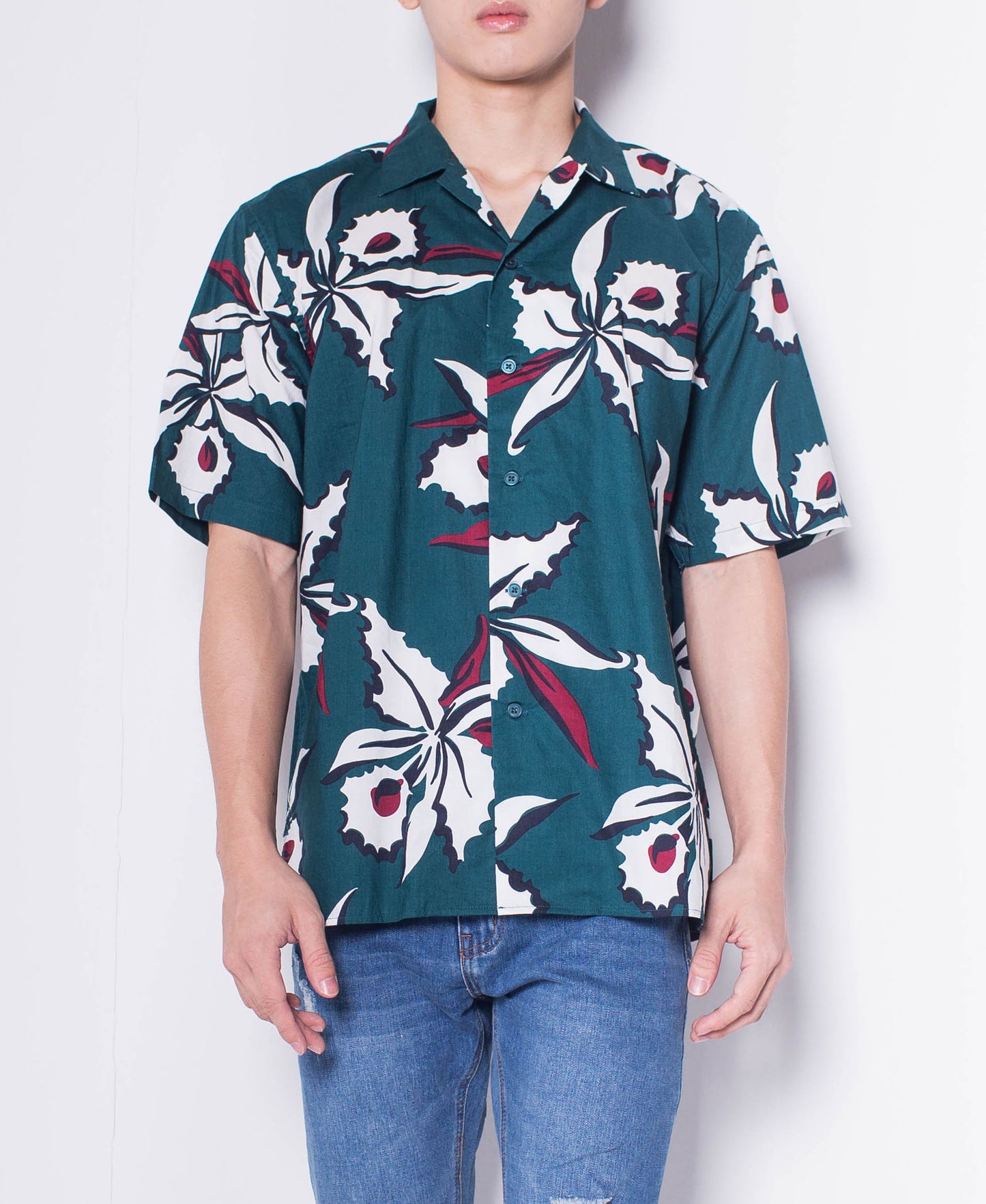 Men Short-Sleeve Camp Collar Printed Cotton-Voile Shirt - Dark Green - H0M751