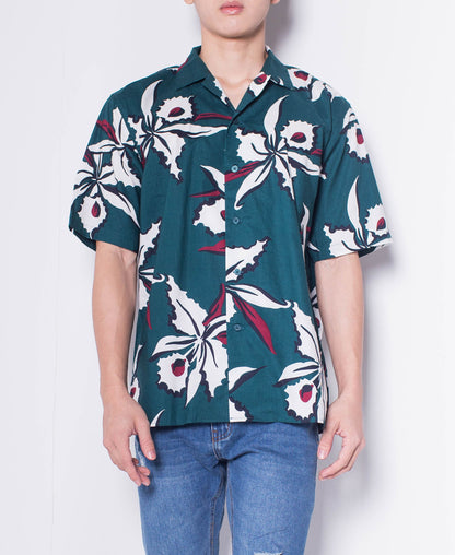 Men Short-Sleeve Camp Collar Printed Cotton-Voile Shirt - Dark Green - H0M751