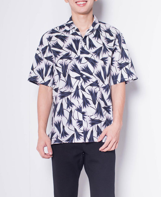 Men Short-Sleeve Camp Collar Printed Cotton-Voile Shirt - White - H0M752